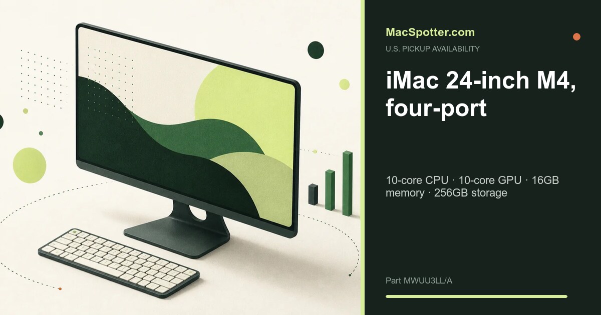 MacSpotter availability card for iMac 24-inch M4, four-port: 10-core CPU · 10-core GPU · 16GB memory · 256GB storage