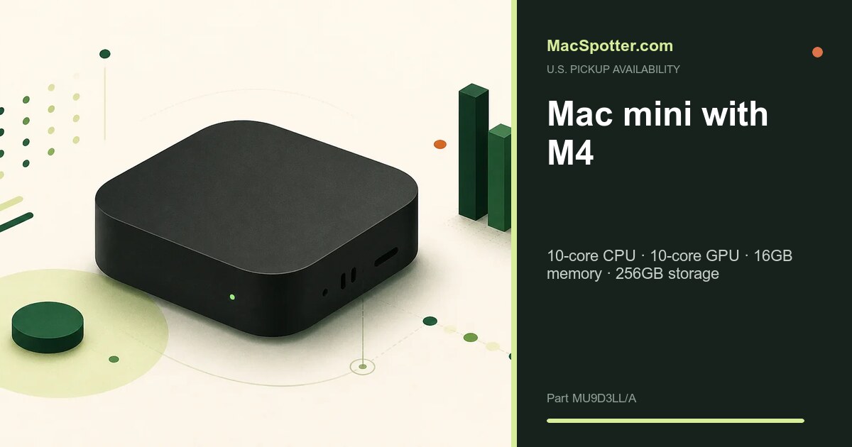 MacSpotter availability card for Mac mini with M4: 10-core CPU · 10-core GPU · 16GB memory · 256GB storage