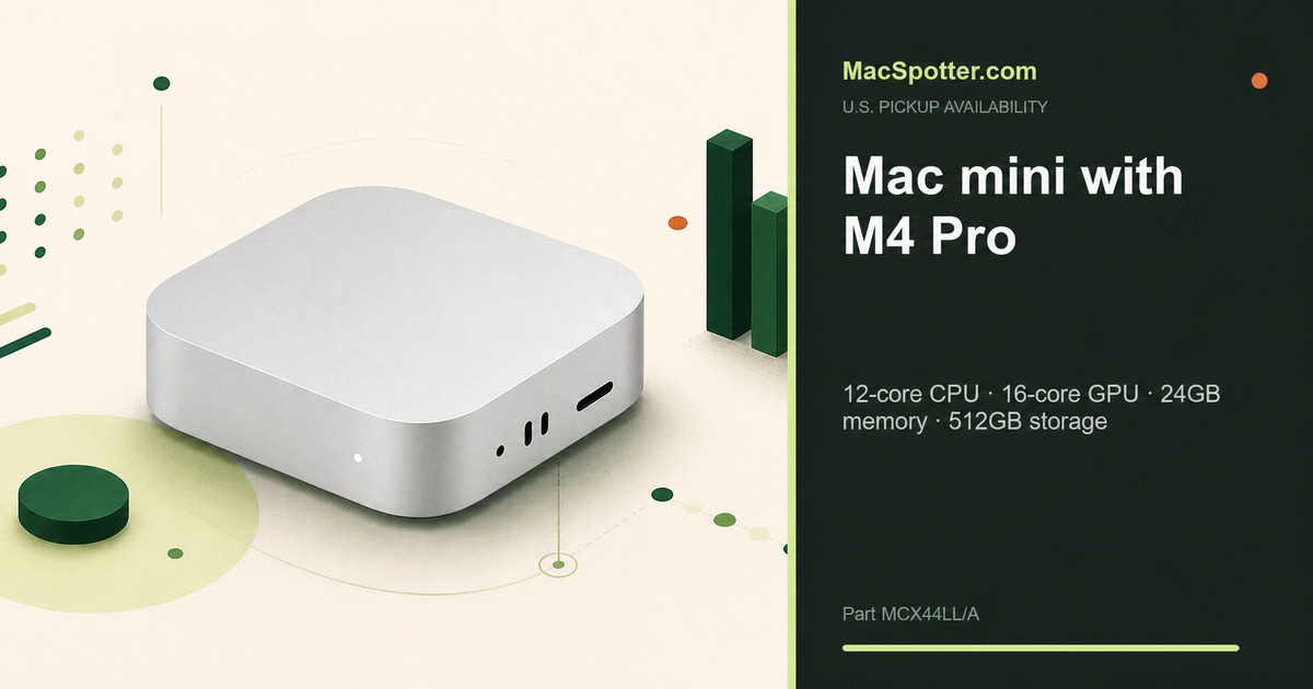 MacSpotter availability card for Mac mini with M4 Pro: 12-core CPU · 16-core GPU · 24GB memory · 512GB storage