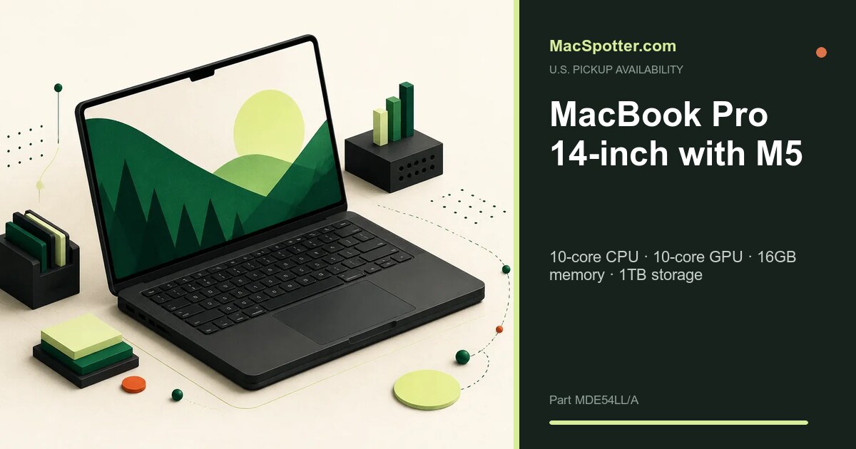 MacSpotter availability card for MacBook Pro 14-inch with M5: 10-core CPU · 10-core GPU · 16GB memory · 1TB storage
