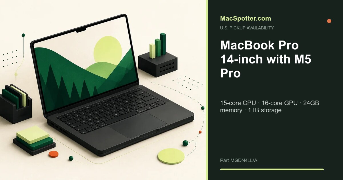 MacSpotter availability card for MacBook Pro 14-inch with M5 Pro: 15-core CPU · 16-core GPU · 24GB memory · 1TB storage