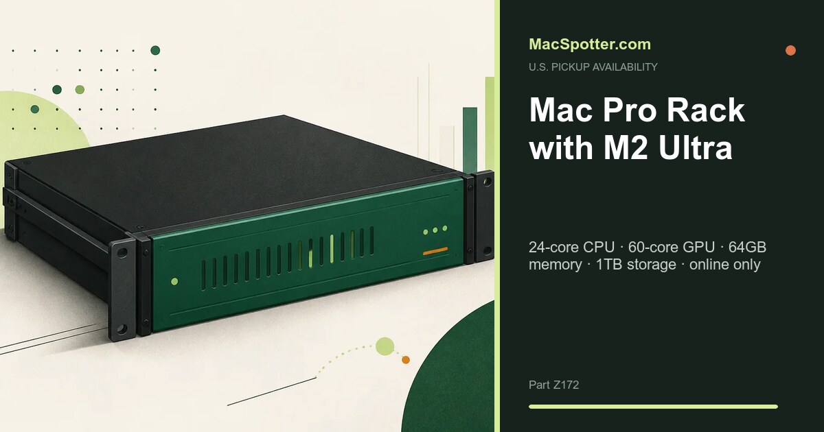 MacSpotter availability card for Mac Pro Rack with M2 Ultra: 24-core CPU · 60-core GPU · 64GB memory · 1TB storage · online only