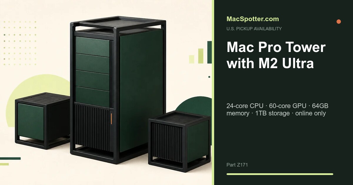 MacSpotter availability card for Mac Pro Tower with M2 Ultra: 24-core CPU · 60-core GPU · 64GB memory · 1TB storage · online only