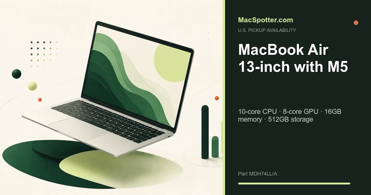 MacSpotter availability card for MacBook Air 13-inch with M5: 10-core CPU · 8-core GPU · 16GB memory · 512GB storage