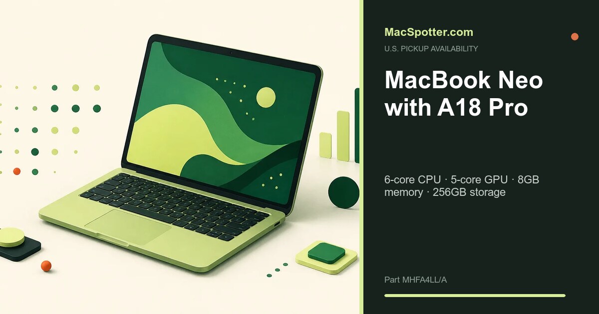 MacSpotter availability card for MacBook Neo with A18 Pro: 6-core CPU · 5-core GPU · 8GB memory · 256GB storage